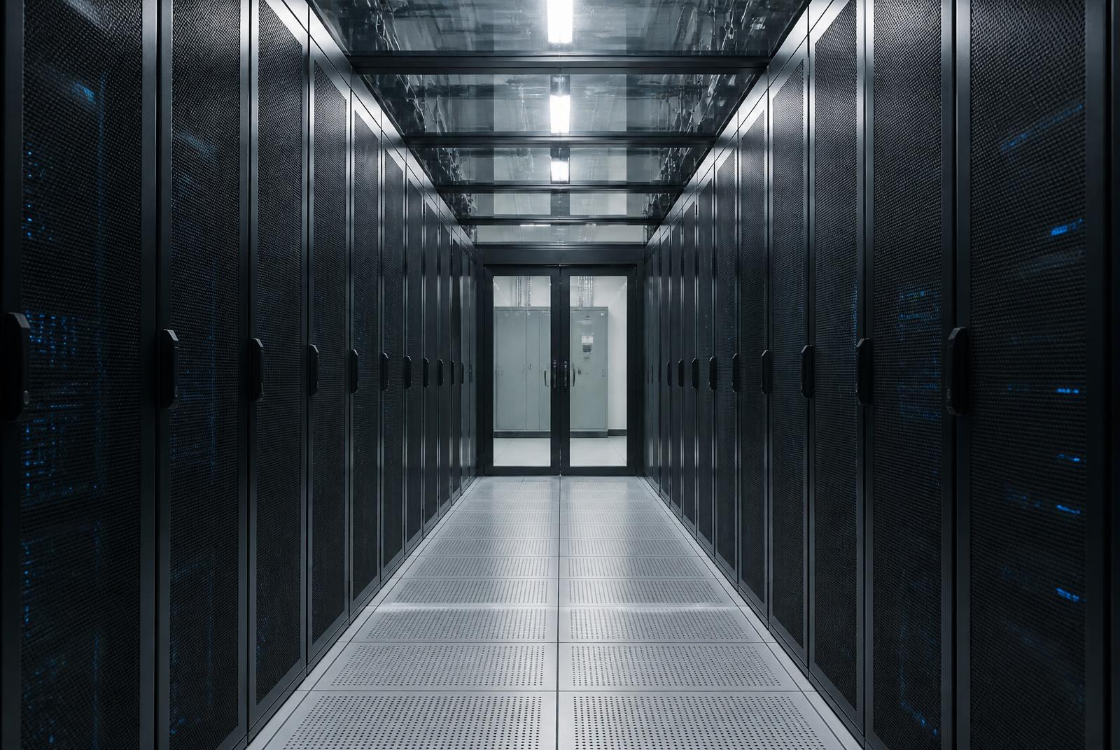 Data center cold aisle with rows of server racks
